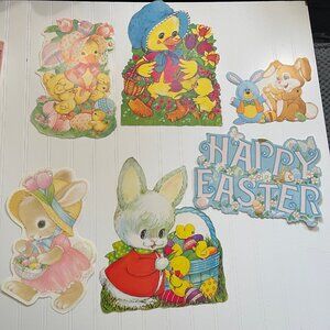 Vintage 6 Easter Cutouts Diecut Paper Cardboard Decorations Chick Bunny